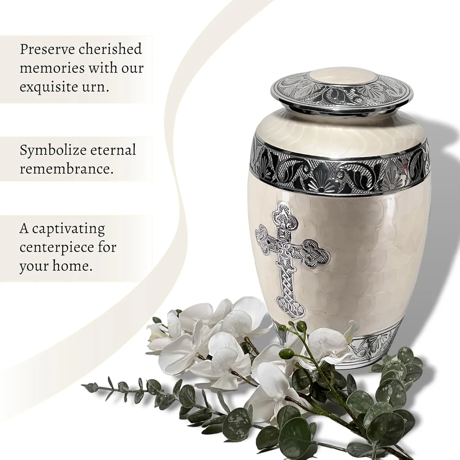 Large White Handcrafted Cross Urn for Ashes,10.5 Inches Tall, with Velvet Bag, for Burial & Decoration & Funeral (Pearl White, Large)