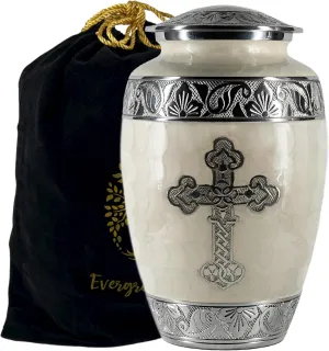 Large White Handcrafted Cross Urn for Ashes,10.5 Inches Tall, with Velvet Bag, for Burial & Decoration & Funeral (Pearl White, Large)