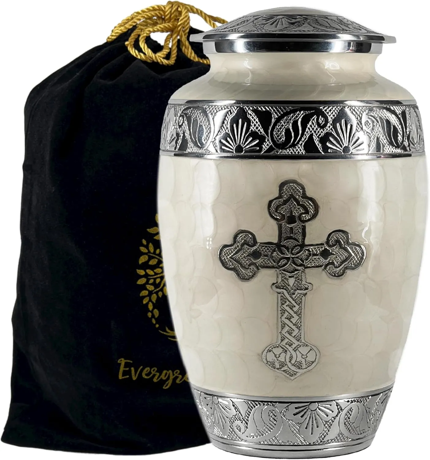 Large White Handcrafted Cross Urn for Ashes,10.5 Inches Tall, with Velvet Bag, for Burial & Decoration & Funeral (Pearl White, Large)