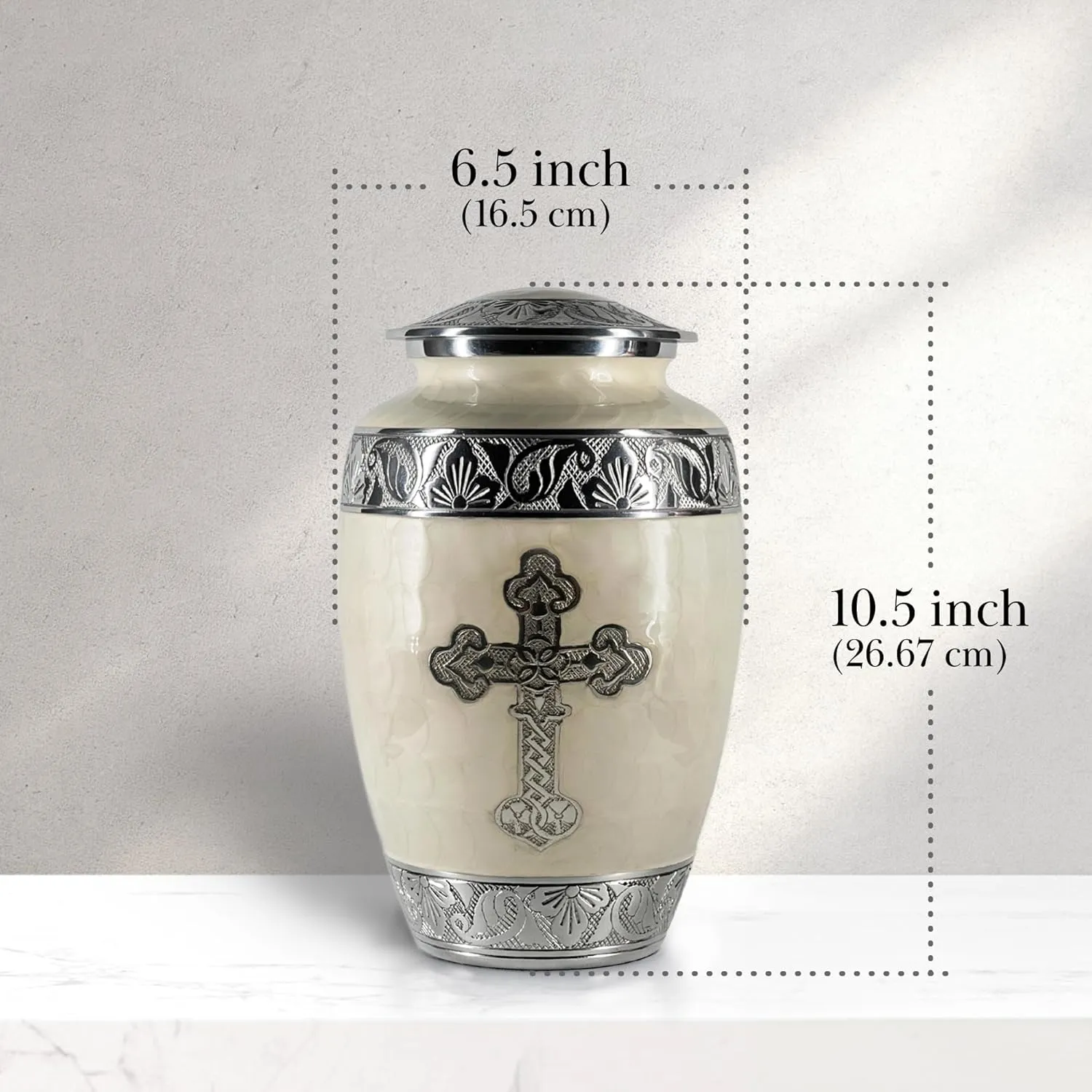 Large White Handcrafted Cross Urn for Ashes,10.5 Inches Tall, with Velvet Bag, for Burial & Decoration & Funeral (Pearl White, Large)