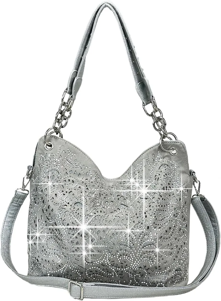 Laser Cut Rhinestone Purse Double Chain Handle Bling Purse Pewter