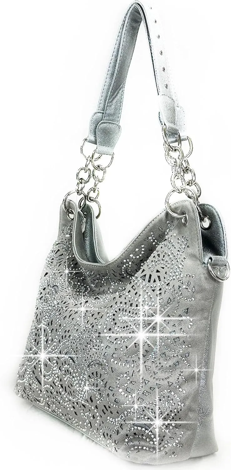 Laser Cut Rhinestone Purse Double Chain Handle Bling Purse Pewter