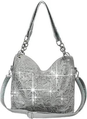 Laser Cut Rhinestone Purse Double Chain Handle Bling Purse Pewter