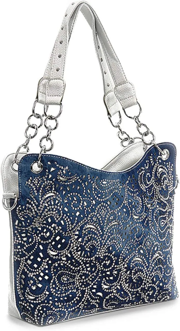 Laser Cut Rhinestone Purse Double Chain Handle Bling Purse Pewter