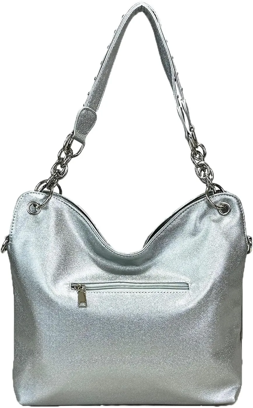 Laser Cut Rhinestone Purse Double Chain Handle Bling Purse Pewter