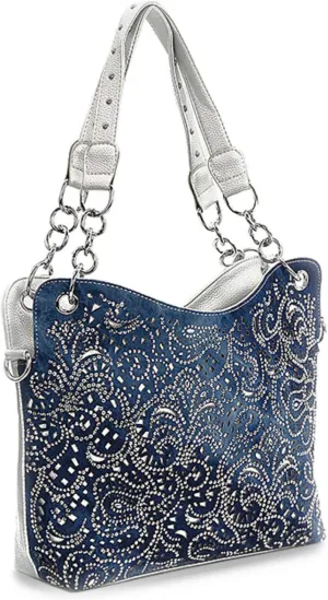Laser Cut Rhinestone Purse Double Chain Handle Bling Purse Pewter