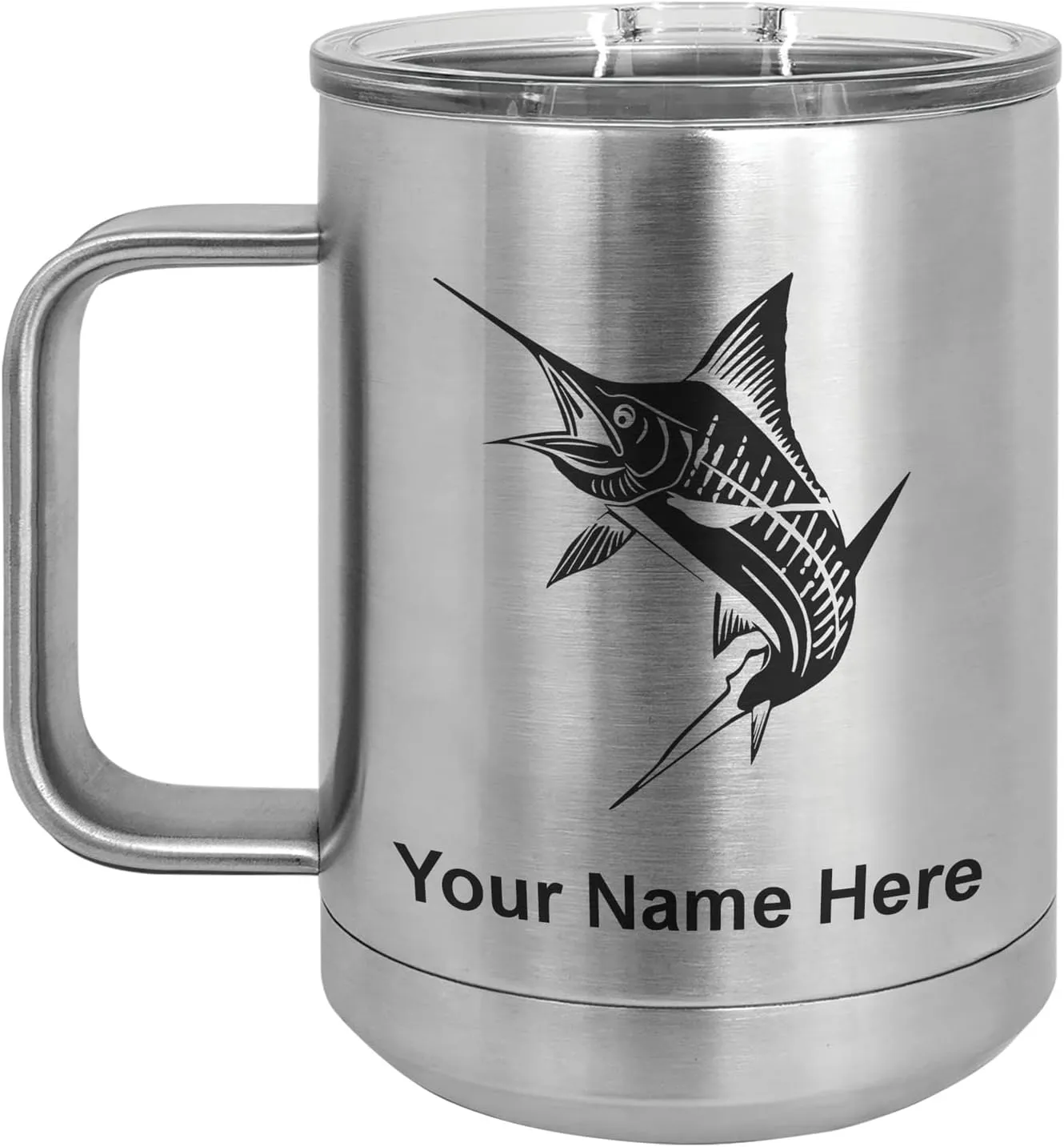LaserGram 15oz Vacuum Insulated Coffee Mug, Marlin Fish, Personalized Engraving Included (Stainless Steel)
