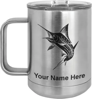 LaserGram 15oz Vacuum Insulated Coffee Mug, Marlin Fish, Personalized Engraving Included (Stainless Steel)