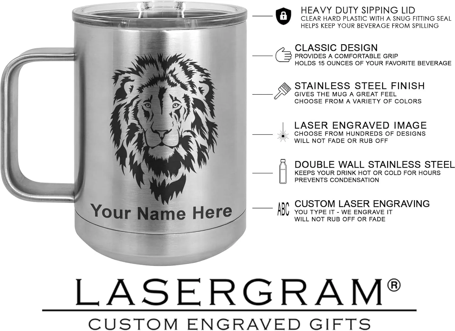 LaserGram 15oz Vacuum Insulated Coffee Mug, Marlin Fish, Personalized Engraving Included (Stainless Steel)