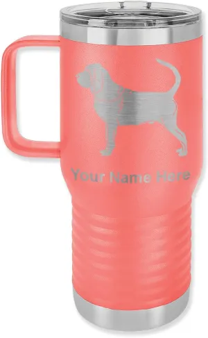 LaserGram 20oz Vacuum Insulated Travel Mug with Handle, Bloodhound Dog, Personalized Engraving Included (Coral)