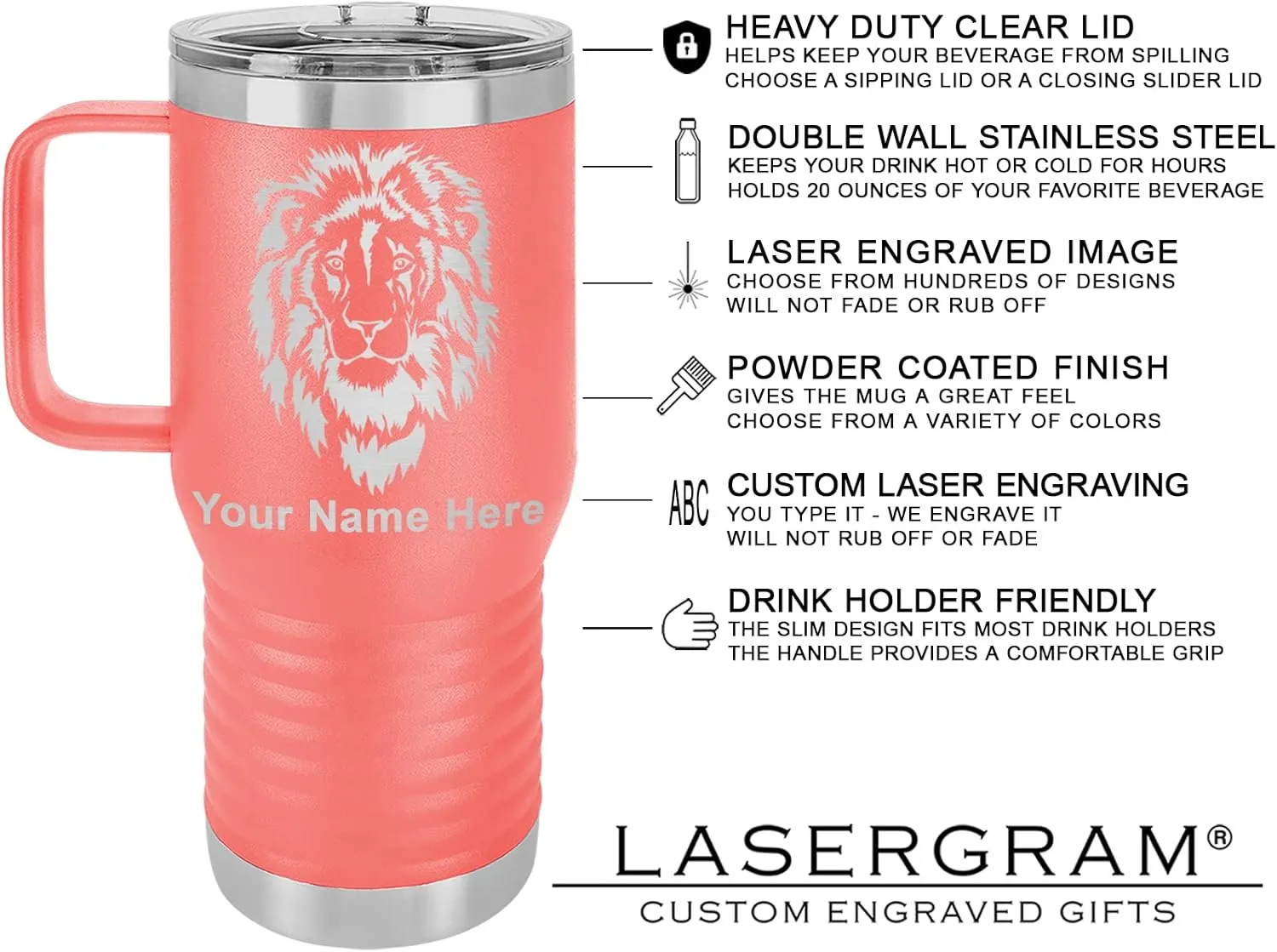 LaserGram 20oz Vacuum Insulated Travel Mug with Handle, Bloodhound Dog, Personalized Engraving Included (Coral)