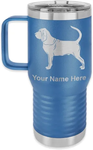 LaserGram 20oz Vacuum Insulated Travel Mug with Handle, Bloodhound Dog, Personalized Engraving Included (Dark Blue)
