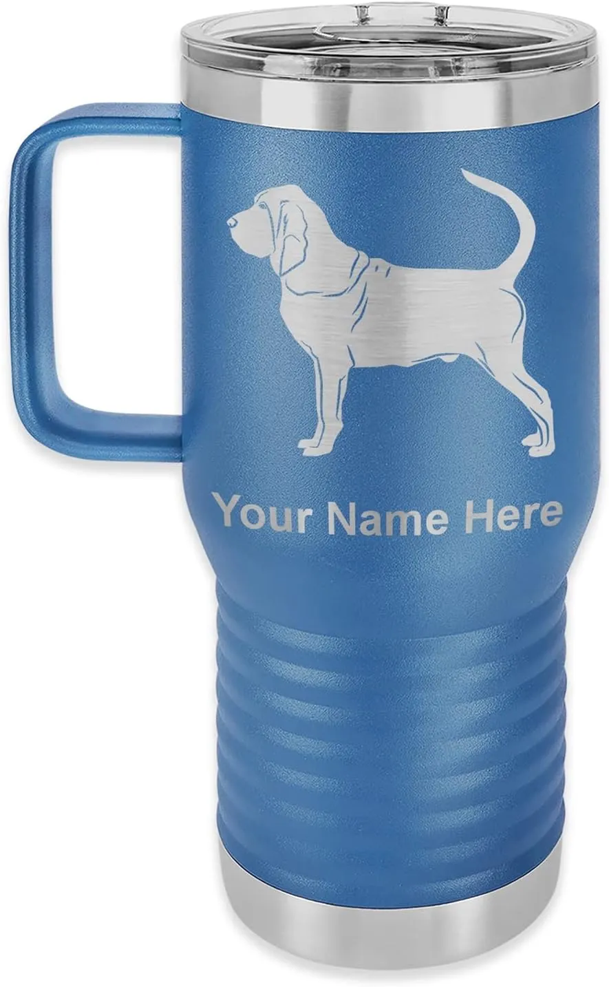LaserGram 20oz Vacuum Insulated Travel Mug with Handle, Bloodhound Dog, Personalized Engraving Included (Dark Blue)