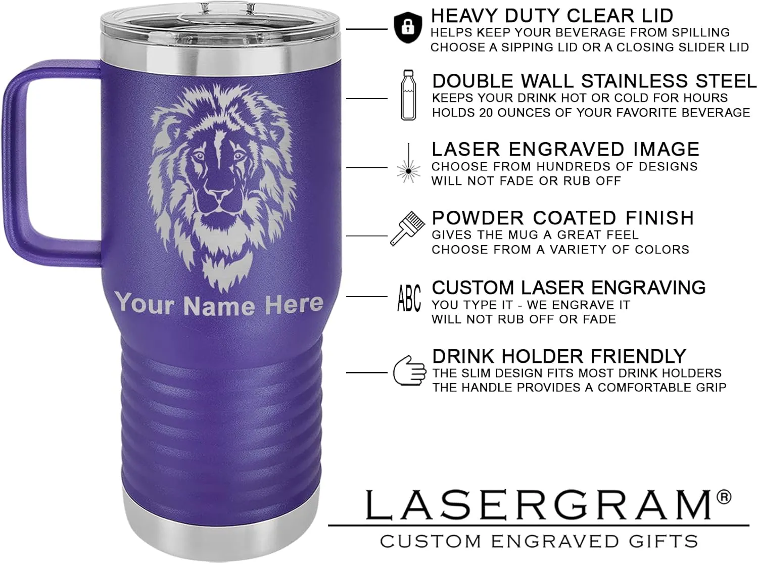 LaserGram 20oz Vacuum Insulated Travel Mug with Handle, Bloodhound Dog, Personalized Engraving Included (Dark Purple)