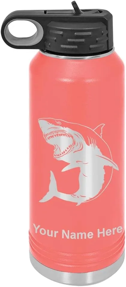 LaserGram Personalized Water Bottle, Great White Shark, Stainless Steel Double Wall Vacuum Insulated with Flip Top Straw, Custom Engraved Gift (40oz / 1180ml Coral)