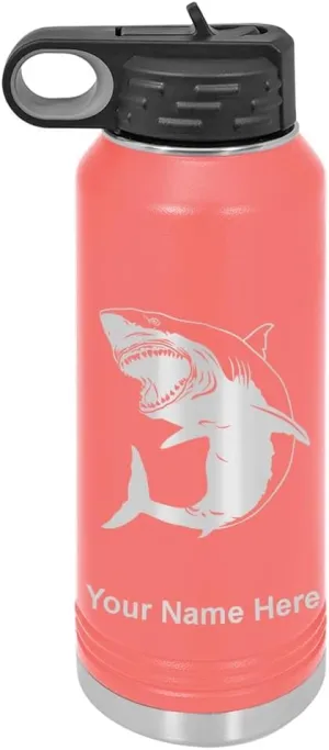 LaserGram Personalized Water Bottle, Great White Shark, Stainless Steel Double Wall Vacuum Insulated with Flip Top Straw, Custom Engraved Gift (40oz / 1180ml Coral)