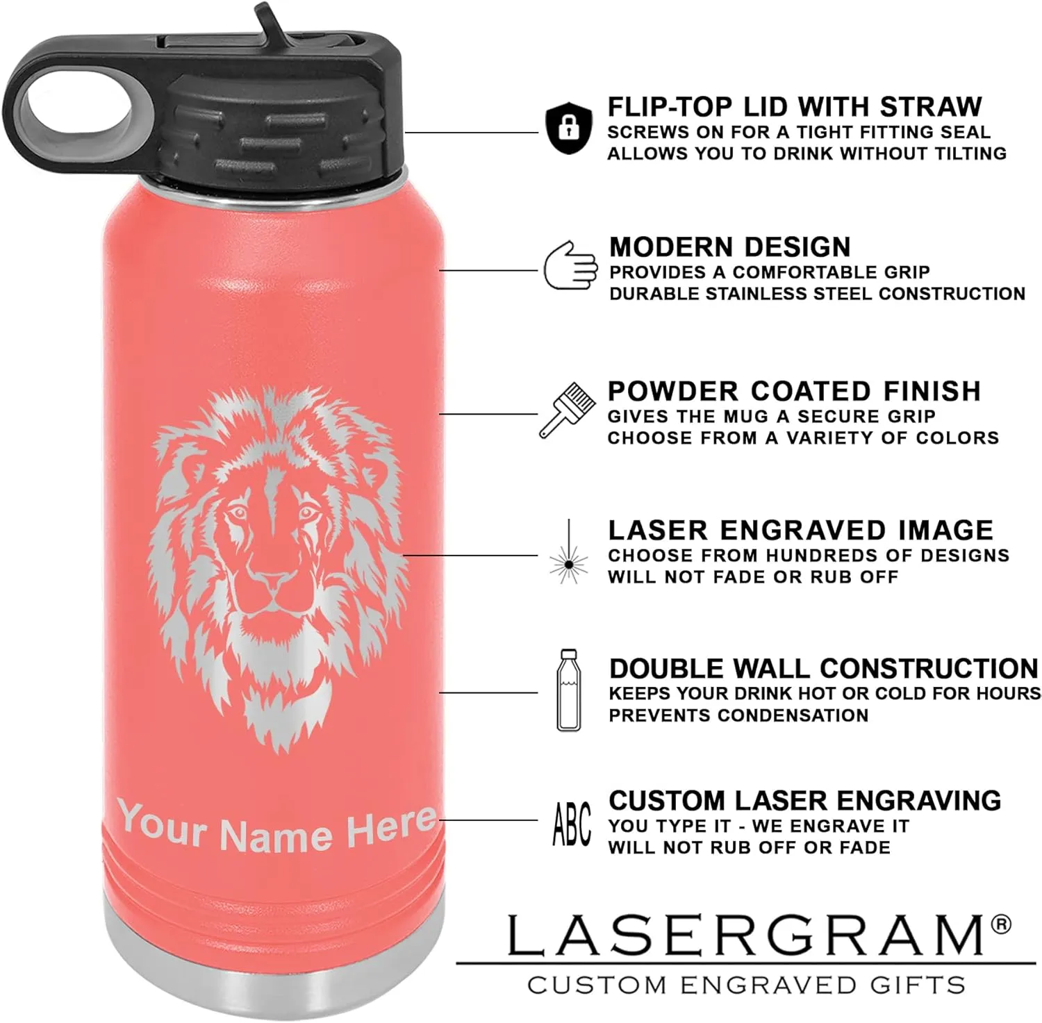 LaserGram Personalized Water Bottle, Great White Shark, Stainless Steel Double Wall Vacuum Insulated with Flip Top Straw, Custom Engraved Gift (40oz / 1180ml Coral)
