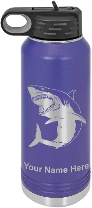 LaserGram Personalized Water Bottle, Great White Shark, Stainless Steel Double Wall Vacuum Insulated with Flip Top Straw, Custom Engraved Gift (40oz / 1180ml Dark Purple)