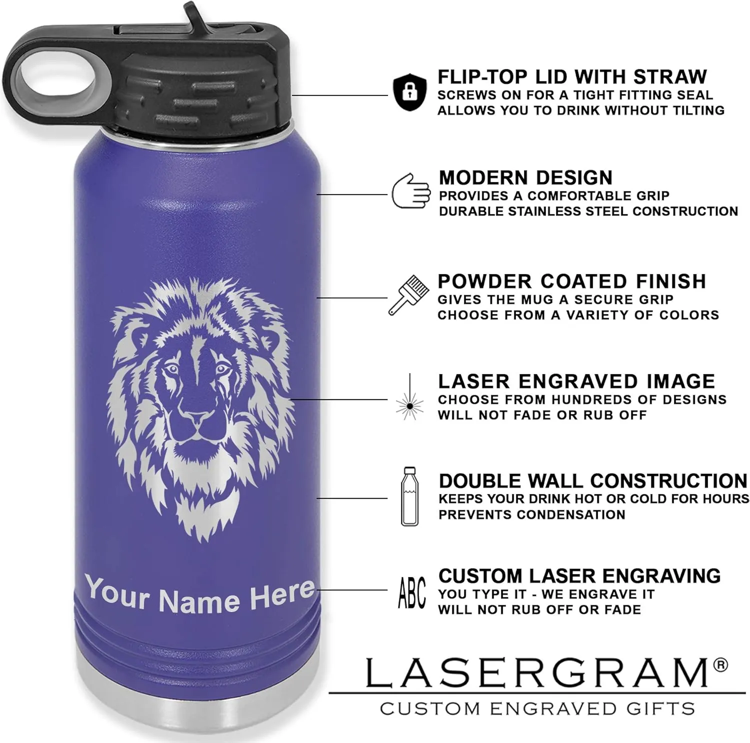 LaserGram Personalized Water Bottle, Great White Shark, Stainless Steel Double Wall Vacuum Insulated with Flip Top Straw, Custom Engraved Gift (40oz / 1180ml Dark Purple)
