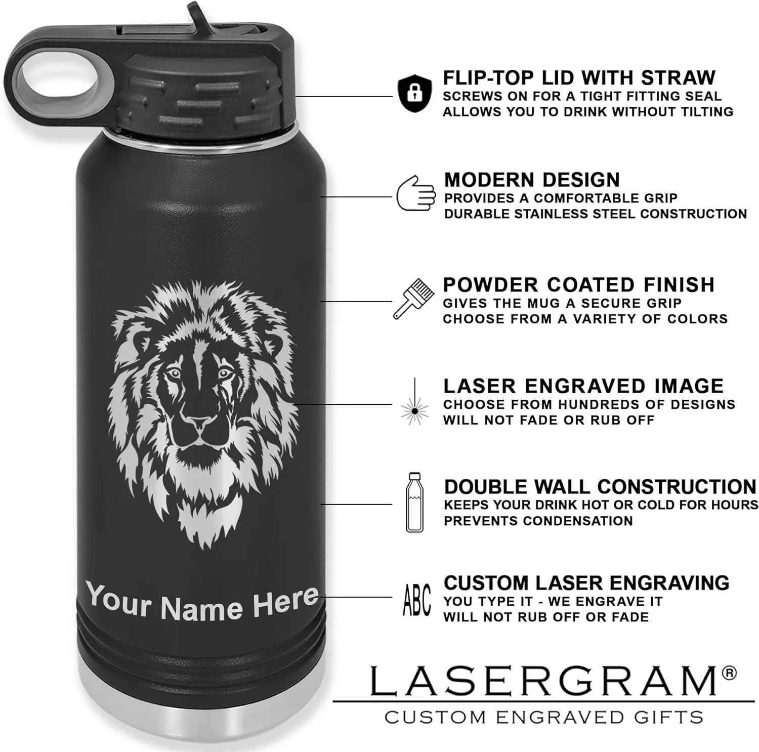 LaserGram Personalized Water Bottle, Helicopter 1, Stainless Steel Double Wall Vacuum Insulated with Flip Top Straw, Custom Engraved Gift (40oz / 1180ml Black)