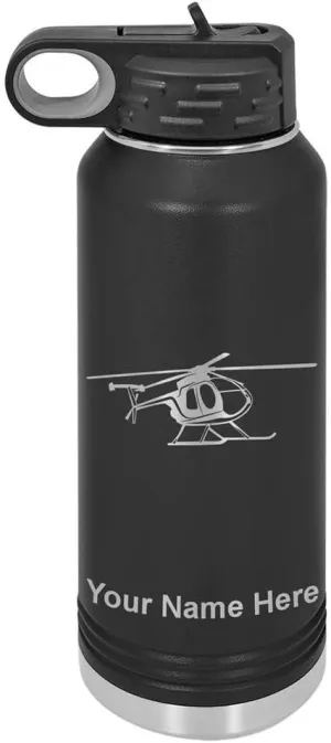 LaserGram Personalized Water Bottle, Helicopter 1, Stainless Steel Double Wall Vacuum Insulated with Flip Top Straw, Custom Engraved Gift (40oz / 1180ml Black)