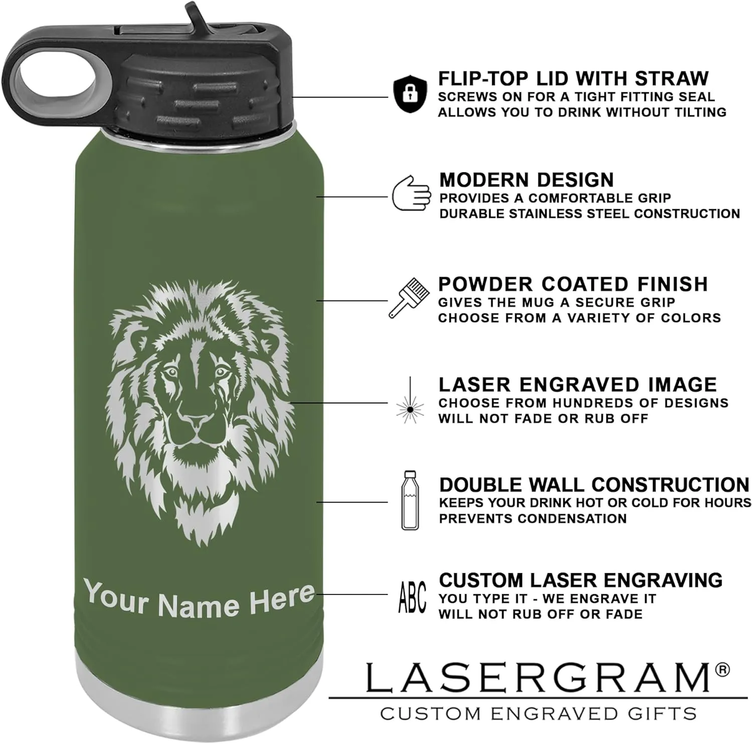 LaserGram Personalized Water Bottle, Helicopter 1, Stainless Steel Double Wall Vacuum Insulated with Flip Top Straw, Custom Engraved Gift (40oz / 1180ml Camo Green)