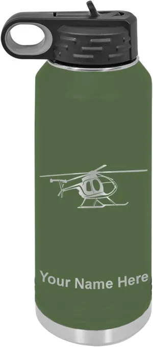LaserGram Personalized Water Bottle, Helicopter 1, Stainless Steel Double Wall Vacuum Insulated with Flip Top Straw, Custom Engraved Gift (40oz / 1180ml Camo Green)