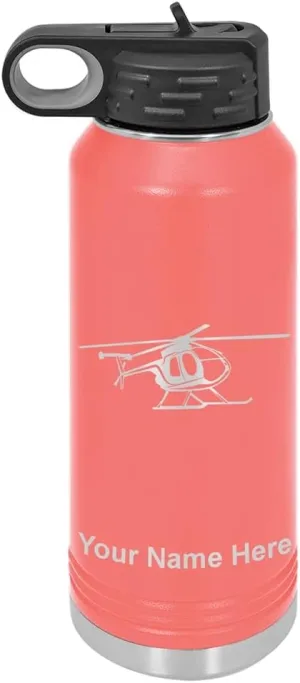 LaserGram Personalized Water Bottle, Helicopter 1, Stainless Steel Double Wall Vacuum Insulated with Flip Top Straw, Custom Engraved Gift (40oz / 1180ml Coral)
