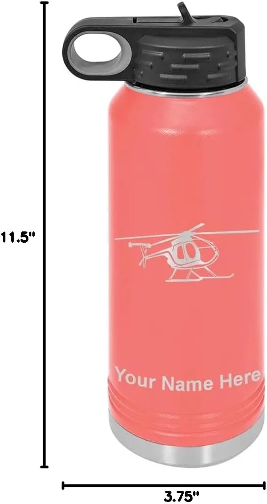 LaserGram Personalized Water Bottle, Helicopter 1, Stainless Steel Double Wall Vacuum Insulated with Flip Top Straw, Custom Engraved Gift (40oz / 1180ml Coral)