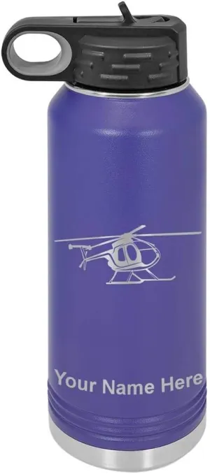LaserGram Personalized Water Bottle, Helicopter 1, Stainless Steel Double Wall Vacuum Insulated with Flip Top Straw, Custom Engraved Gift (40oz / 1180ml Dark Purple)