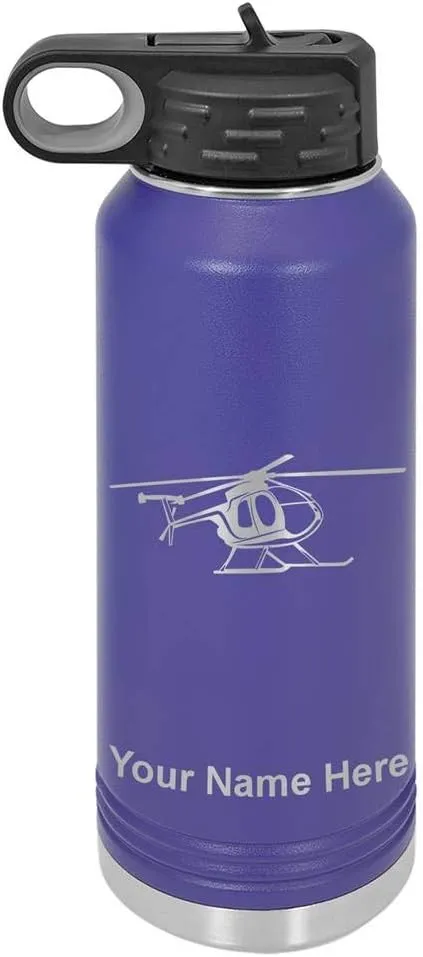 LaserGram Personalized Water Bottle, Helicopter 1, Stainless Steel Double Wall Vacuum Insulated with Flip Top Straw, Custom Engraved Gift (40oz / 1180ml Dark Purple)