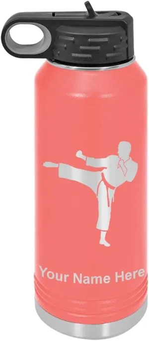 LaserGram Personalized Water Bottle, Karate Man, Stainless Steel Double Wall Vacuum Insulated with Flip Top Straw, Custom Engraved Gift (40oz / 1180ml Coral)