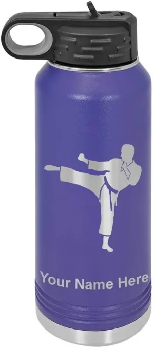 LaserGram Personalized Water Bottle, Karate Man, Stainless Steel Double Wall Vacuum Insulated with Flip Top Straw, Custom Engraved Gift (40oz / 1180ml Dark Purple)