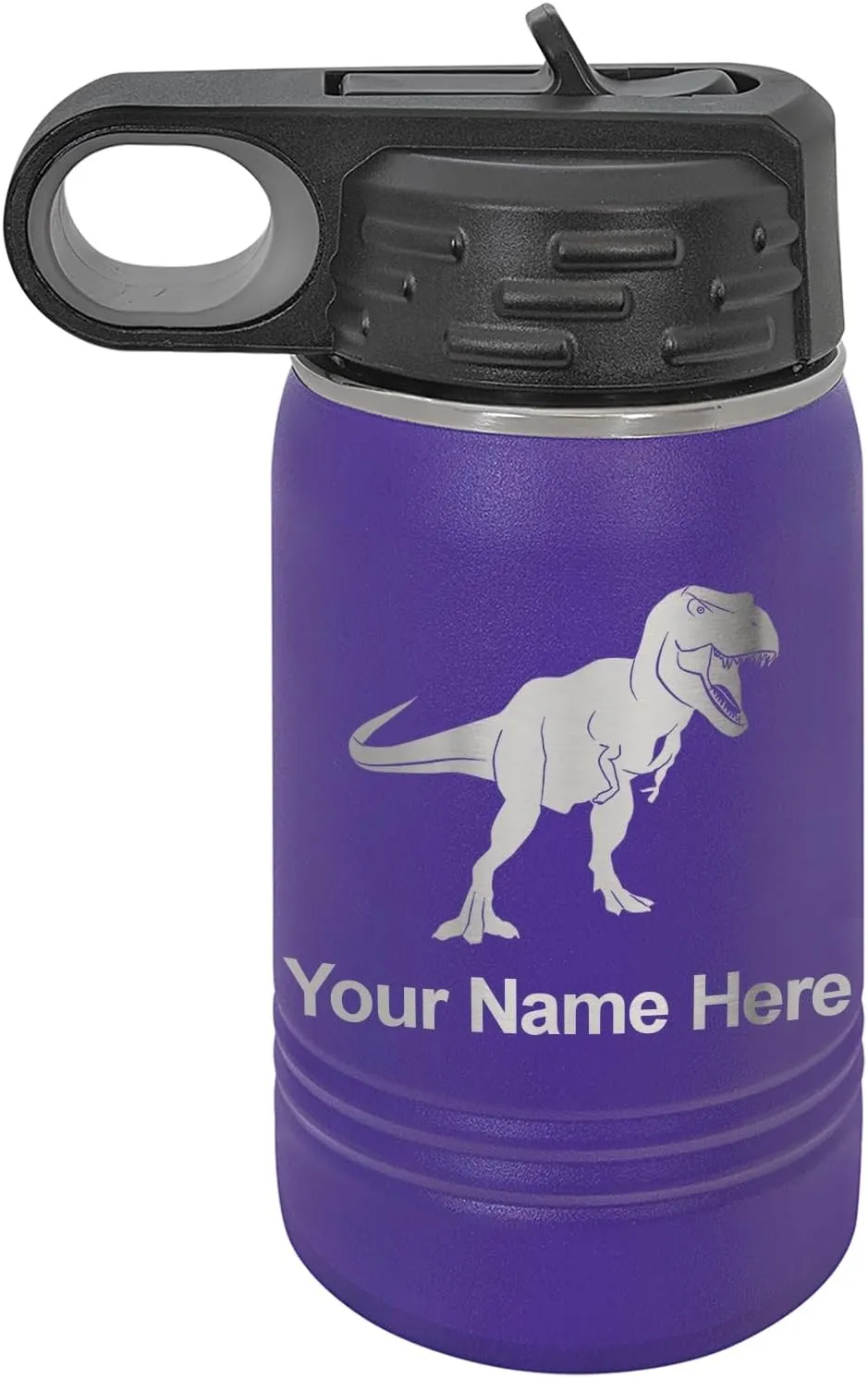 LaserGram Personalized Water Bottle, Tyrannosaurus Rex Dinosaur, Stainless Steel Double Wall Vacuum Insulated with Flip Top Straw, Custom Engraved Gift (12oz / 335ml Dark Purple)