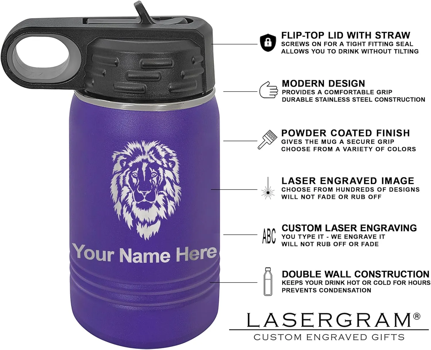 LaserGram Personalized Water Bottle, Tyrannosaurus Rex Dinosaur, Stainless Steel Double Wall Vacuum Insulated with Flip Top Straw, Custom Engraved Gift (12oz / 335ml Dark Purple)