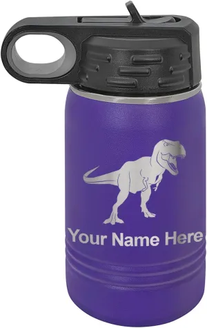 LaserGram Personalized Water Bottle, Tyrannosaurus Rex Dinosaur, Stainless Steel Double Wall Vacuum Insulated with Flip Top Straw, Custom Engraved Gift (12oz / 335ml Dark Purple)