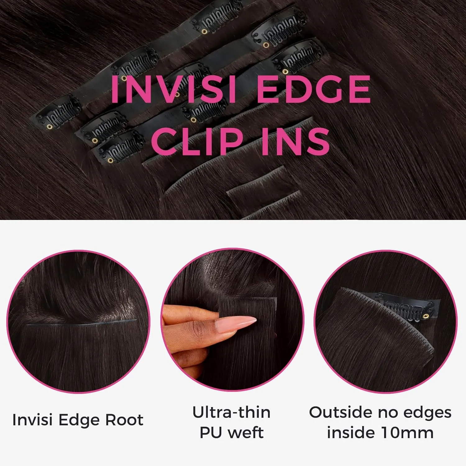 Lashey Invisi Edge Clip in Hair Extensions 14 Inch 110g 7pcs Injected Seamless PU Clip in Hair Extensions Virgin Human Hair, #2 Dark Brown Straight Hair