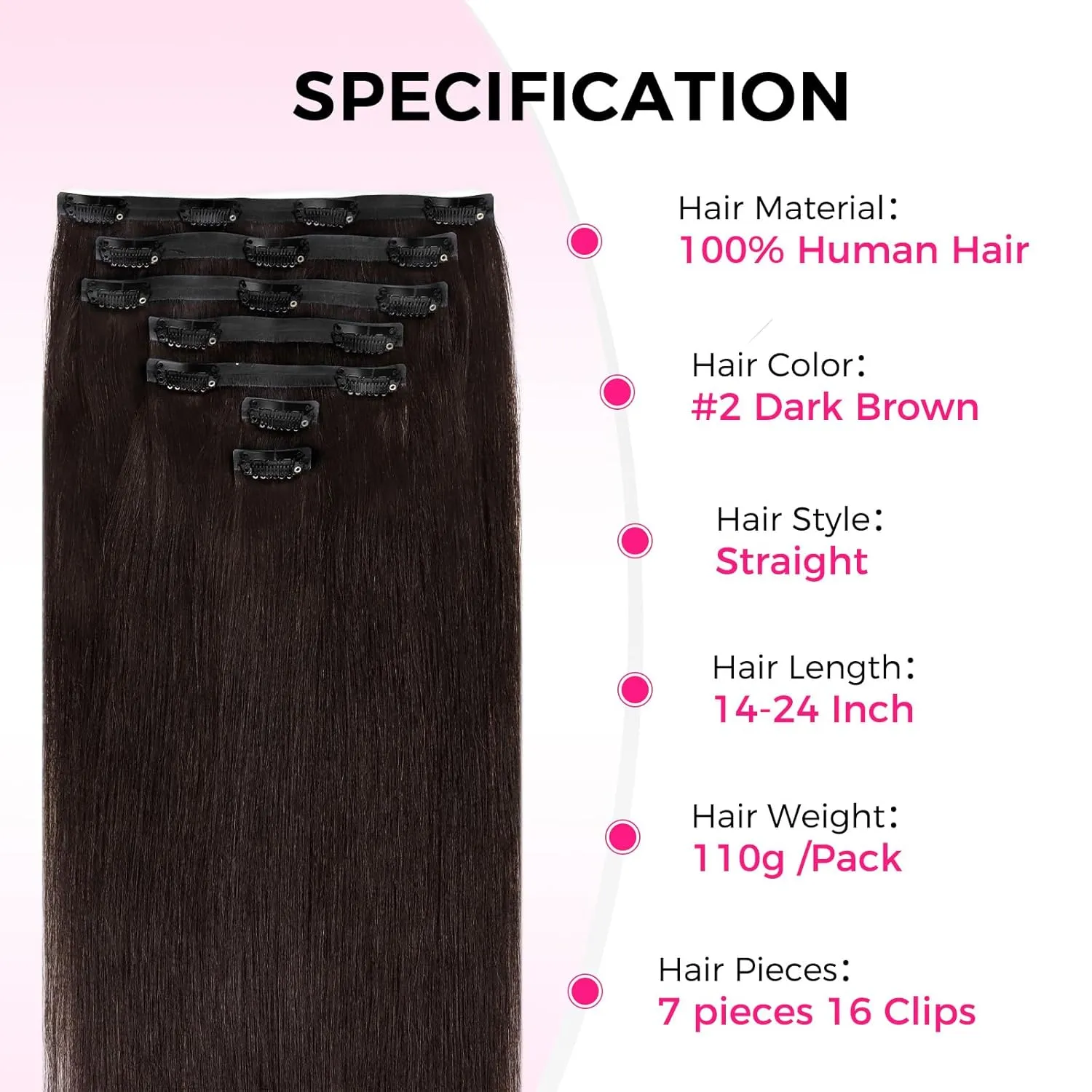 Lashey Invisi Edge Clip in Hair Extensions 14 Inch 110g 7pcs Injected Seamless PU Clip in Hair Extensions Virgin Human Hair, #2 Dark Brown Straight Hair