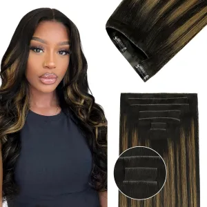 Lashey Invisi Edge Clip in Hair Extensions 14 Inch 110g 7pcs Injected Seamless PU Clip in Hair Extensions Virgin Human Hair, Natural Black Mixed Chestnut Brown Straight Hair