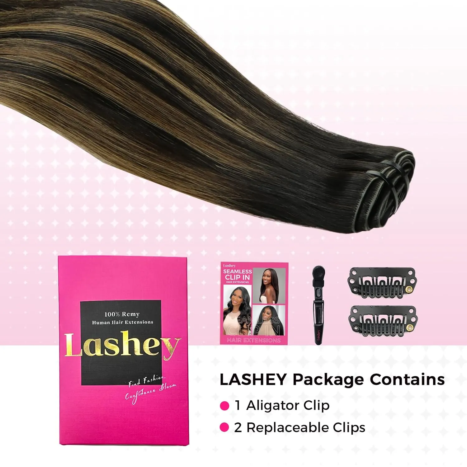 Lashey Invisi Edge Clip in Hair Extensions 14 Inch 110g 7pcs Injected Seamless PU Clip in Hair Extensions Virgin Human Hair, Natural Black Mixed Chestnut Brown Straight Hair