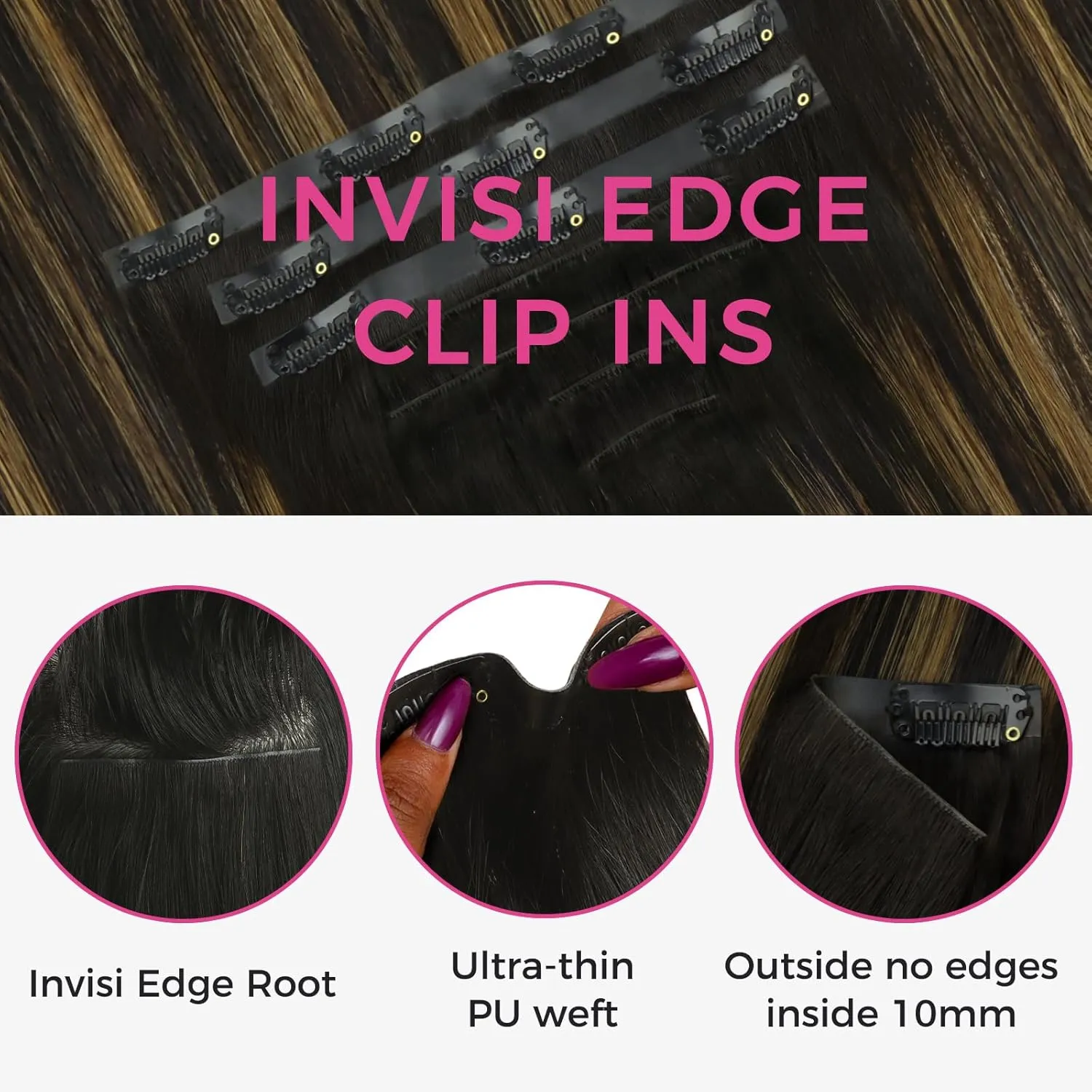 Lashey Invisi Edge Clip in Hair Extensions 14 Inch 110g 7pcs Injected Seamless PU Clip in Hair Extensions Virgin Human Hair, Natural Black Mixed Chestnut Brown Straight Hair