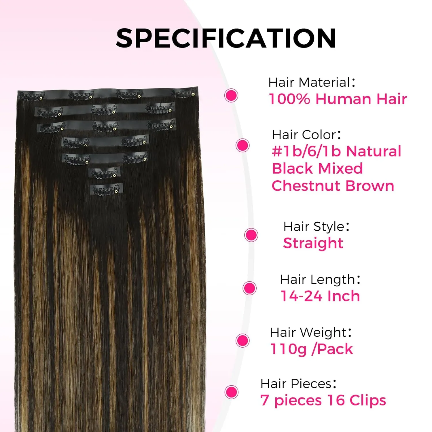 Lashey Invisi Edge Clip in Hair Extensions 14 Inch 110g 7pcs Injected Seamless PU Clip in Hair Extensions Virgin Human Hair, Natural Black Mixed Chestnut Brown Straight Hair