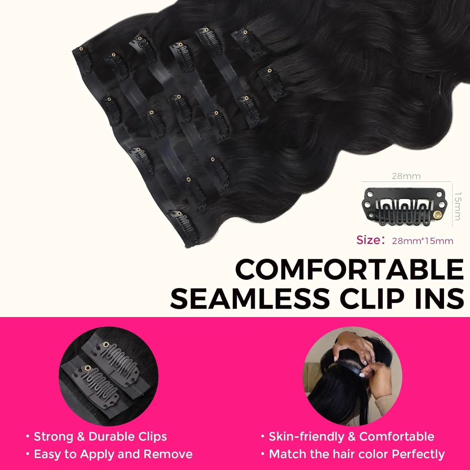 Lashey Seamless Clip in Hair Extensions Human Hair #1 Jet Black Body Wave 7pcs 110g 16 Inch Invisible PU Weft Clip in Hair Extensions for Women