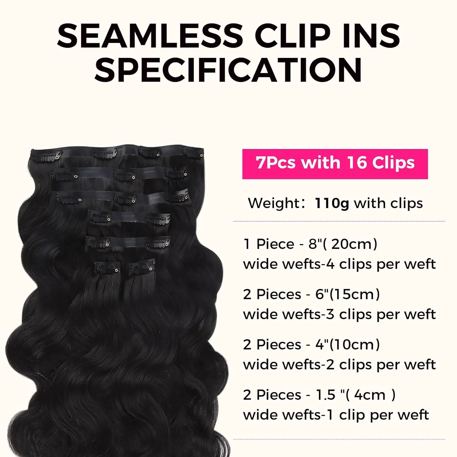 Lashey Seamless Clip in Hair Extensions Human Hair #1 Jet Black Body Wave 7pcs 110g 18 Inch Invisible PU Weft Clip in Hair Extensions Real Human Hair for Women