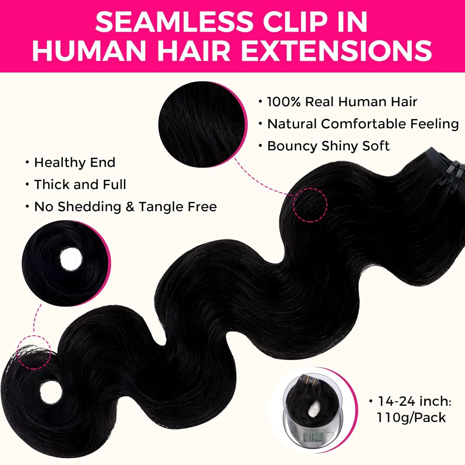 Lashey Seamless Clip in Hair Extensions Human Hair #1 Jet Black Body Wave 7pcs 110g 18 Inch Invisible PU Weft Clip in Hair Extensions Real Human Hair for Women