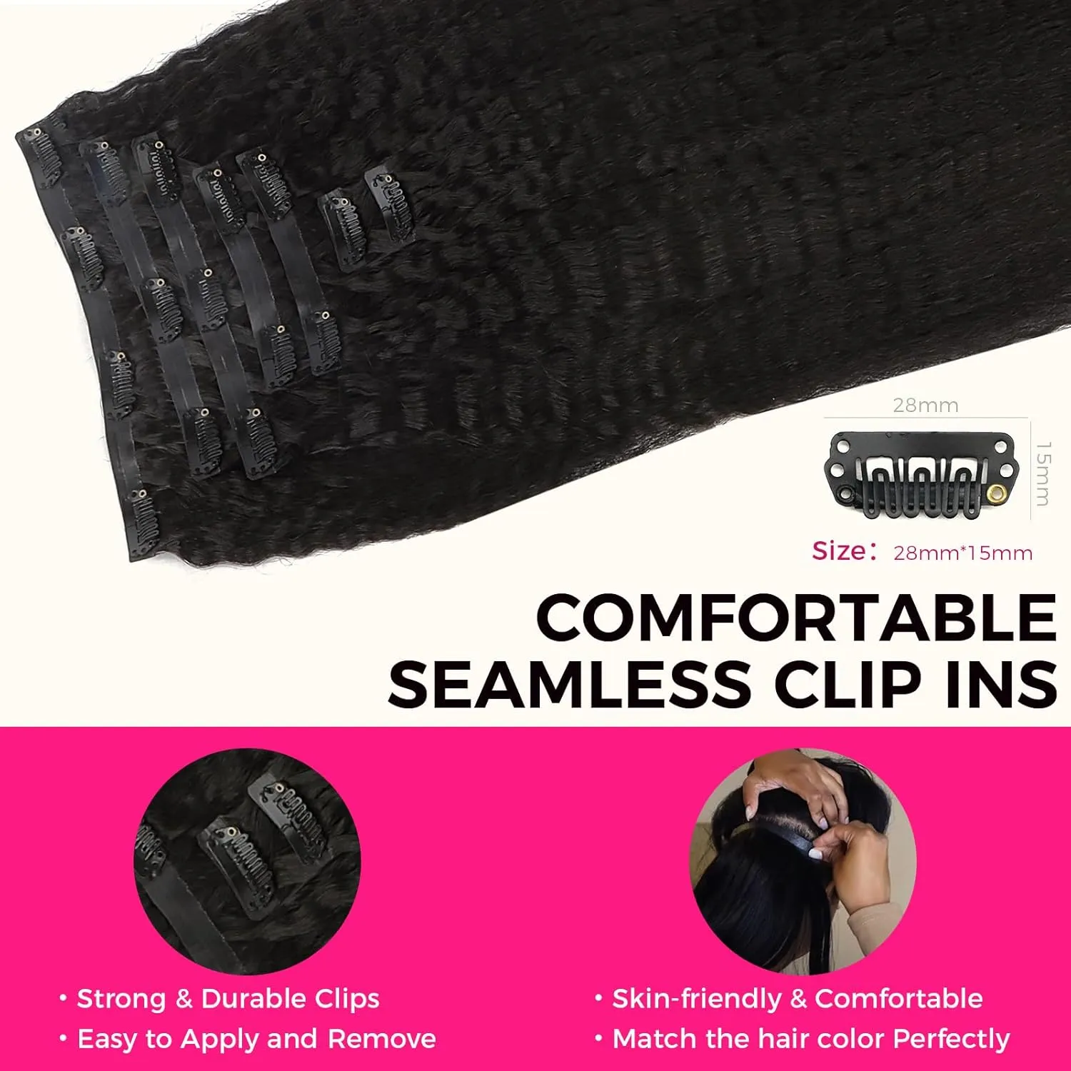 Lashey Seamless Clip in Hair Extensions Human Hair #1 Jet Black Kinky Straight 7pcs 110g 14 Inch PU Weft Hair Extensions Clip ins for Women