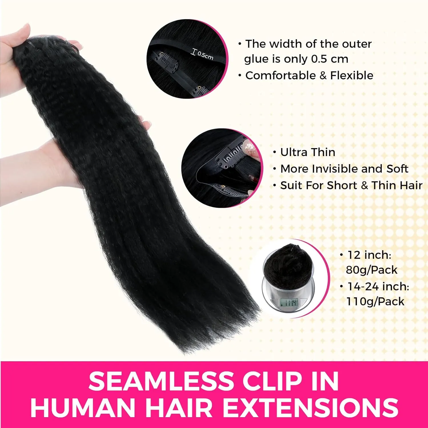 Lashey Seamless Clip in Hair Extensions Human Hair #1 Jet Black Kinky Straight 7pcs 110g 14 Inch PU Weft Hair Extensions Clip ins for Women