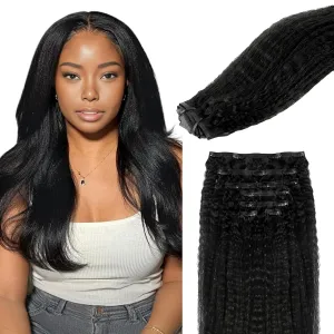 Lashey Seamless Clip in Hair Extensions Human Hair #1 Jet Black Kinky Straight 7pcs 110g 14 Inch PU Weft Hair Extensions Clip ins for Women