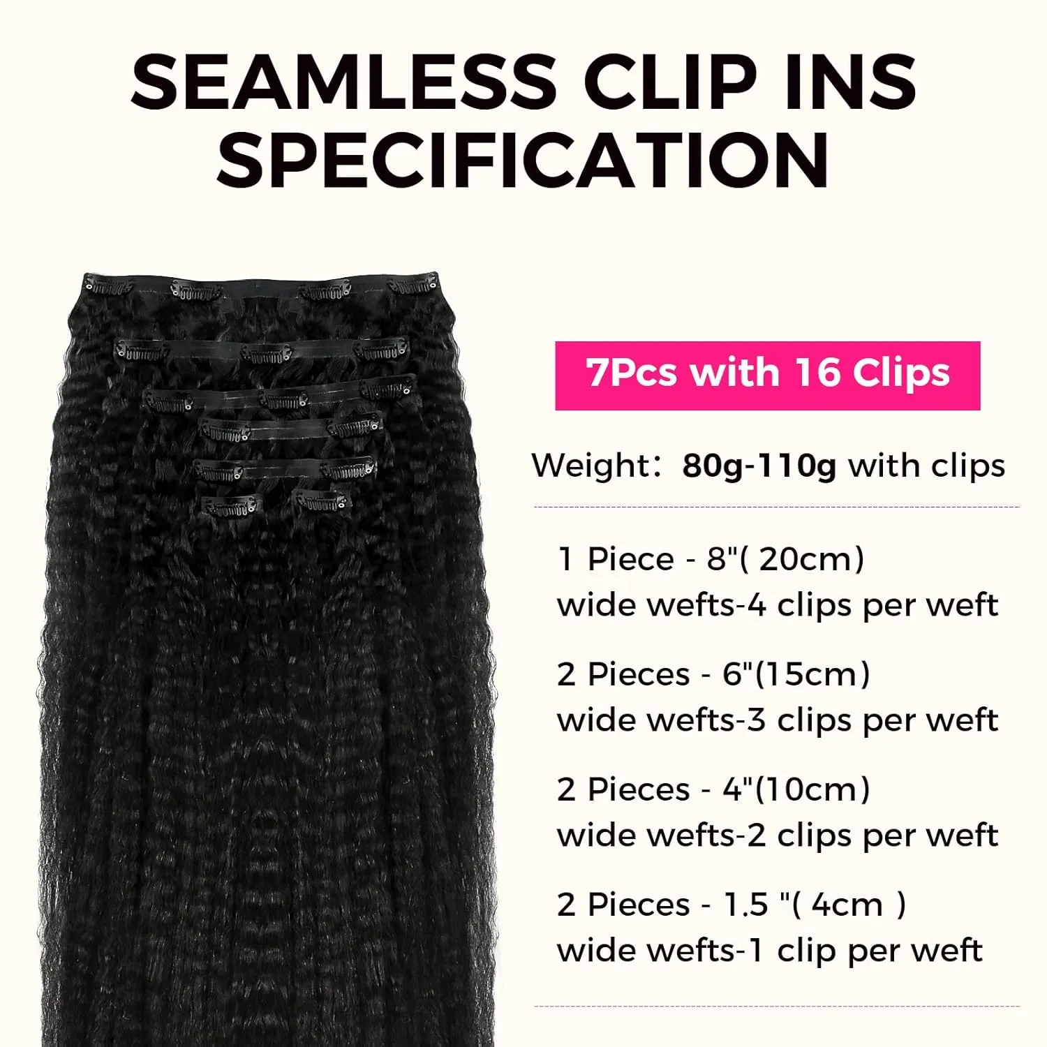 Lashey Seamless Clip in Hair Extensions Human Hair #1 Jet Black Kinky Straight 7pcs 110g 14 Inch PU Weft Hair Extensions Clip ins for Women