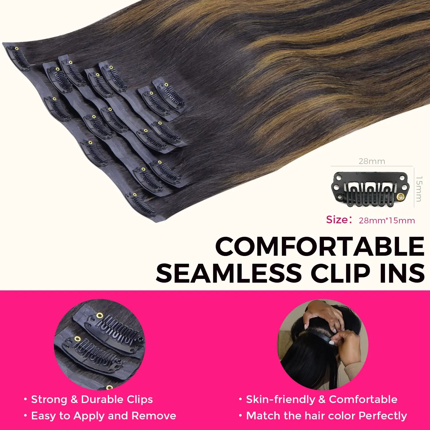 Lashey Seamless Hair Extensions Clip ins Staright 110g Natural Black Mixed Chestnut Brown 14 Inch 7pcs PU Weft Clip in Hair Extensions Real Human Hair with Invisi Edge for Black Women